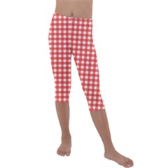 Red White Gingham Plaid Kids  Lightweight Velour Capri Leggings  by SpinnyChairDesigns