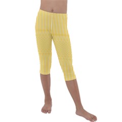 Saffron Yellow Color Stripes Kids  Lightweight Velour Capri Leggings  by SpinnyChairDesigns