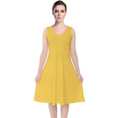 Saffron Yellow Color Polka Dots V-neck Midi Sleeveless Dress  by SpinnyChairDesigns