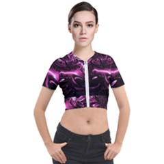 Black Magenta Abstract Art Short Sleeve Cropped Jacket by SpinnyChairDesigns