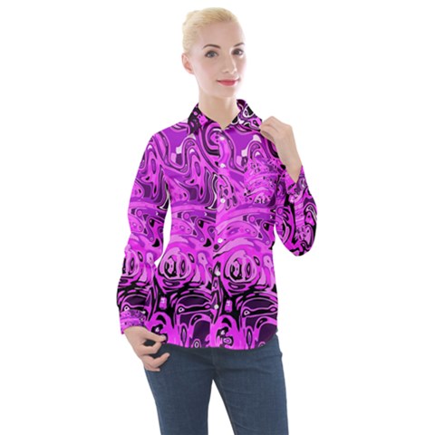Magenta Black Abstract Art Women s Long Sleeve Pocket Shirt by SpinnyChairDesigns
