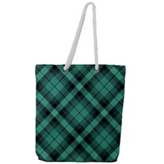 Biscay Green Black Plaid Full Print Rope Handle Tote (large) by SpinnyChairDesigns