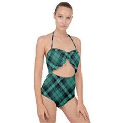 Biscay Green Black Plaid Scallop Top Cut Out Swimsuit by SpinnyChairDesigns