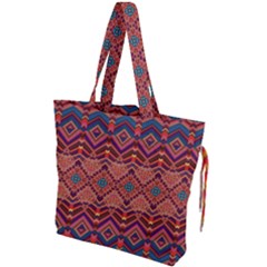 Boho Light Brown Blue Pattern Drawstring Tote Bag by SpinnyChairDesigns