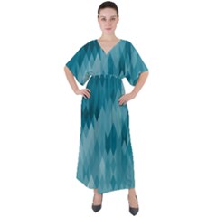 Cerulean Blue Geometric Patterns V-neck Boho Style Maxi Dress by SpinnyChairDesigns