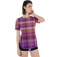 Magenta Gold Madras Plaid Perpetual Short Sleeve T-shirt by SpinnyChairDesigns