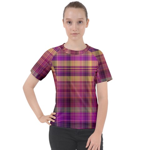 Magenta Gold Madras Plaid Women s Sport Raglan Tee by SpinnyChairDesigns