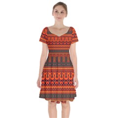 Boho Aztec Rust Orange Color Stripes Short Sleeve Bardot Dress by SpinnyChairDesigns