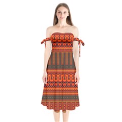 Boho Aztec Rust Orange Color Stripes Shoulder Tie Bardot Midi Dress by SpinnyChairDesigns