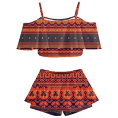 Boho Aztec Rust Orange Color Stripes Kids  Off Shoulder Skirt Bikini by SpinnyChairDesigns