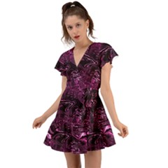 Magenta Black Swirl Flutter Sleeve Wrap Dress by SpinnyChairDesigns