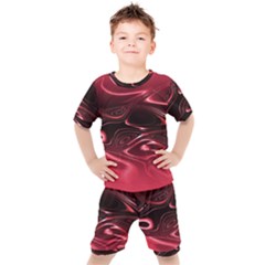 Crimson Red Black Swirl Kids  Tee And Shorts Set by SpinnyChairDesigns