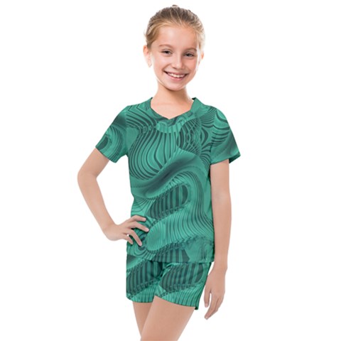 Biscay Green Swirls Kids  Mesh Tee And Shorts Set by SpinnyChairDesigns