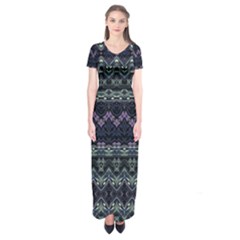 Boho Navy Teal Violet Stripes Short Sleeve Maxi Dress by SpinnyChairDesigns