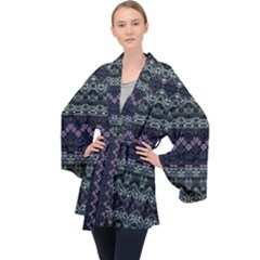 Boho Navy Teal Violet Stripes Long Sleeve Velvet Kimono  by SpinnyChairDesigns