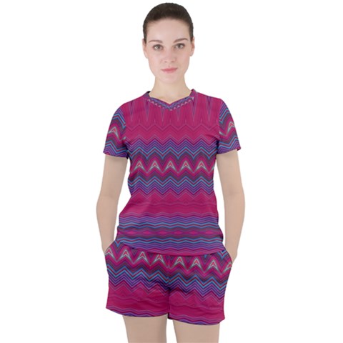 Magenta Blue Stripes Women s Tee And Shorts Set by SpinnyChairDesigns