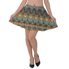 Boho Earth Colors Pattern Velvet Skater Skirt by SpinnyChairDesigns