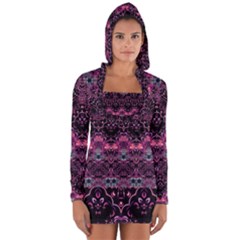 Boho Magenta Black Pattern Long Sleeve Hooded T-shirt by SpinnyChairDesigns