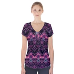 Boho Magenta Black Pattern Short Sleeve Front Detail Top by SpinnyChairDesigns