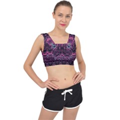 Boho Magenta Black Pattern V-back Sports Bra by SpinnyChairDesigns