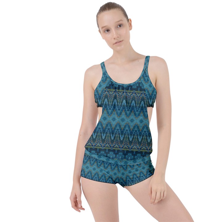 Boho Teal Blue Pattern Boyleg Tankini Set 