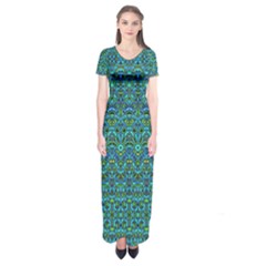 Boho Teal Green Blue Pattern Short Sleeve Maxi Dress by SpinnyChairDesigns