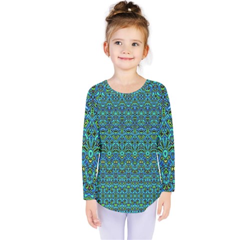 Boho Teal Green Blue Pattern Kids  Long Sleeve Tee by SpinnyChairDesigns