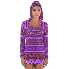 Boho Magenta Pattern Long Sleeve Hooded T-shirt by SpinnyChairDesigns