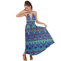 Boho Purple Blue Teal Floral Backless Maxi Beach Dress by SpinnyChairDesigns