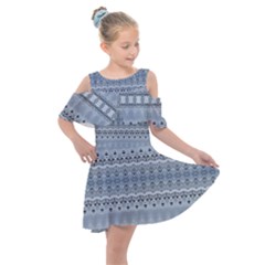 Boho Faded Blue Grey Kids  Shoulder Cutout Chiffon Dress by SpinnyChairDesigns