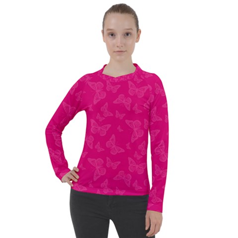 Magenta Pink Butterflies Pattern Women s Pique Long Sleeve Tee by SpinnyChairDesigns