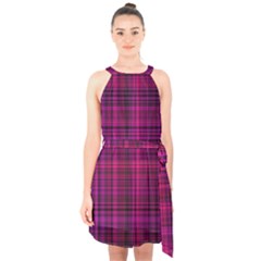 Fuchsia Madras Plaid Halter Collar Waist Tie Chiffon Dress by SpinnyChairDesigns