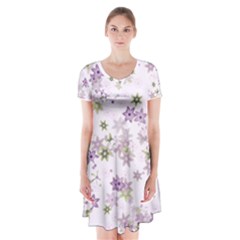 Purple Wildflower Print Short Sleeve V-neck Flare Dress by SpinnyChairDesigns