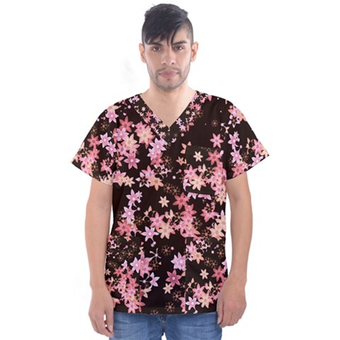 Pink Lilies On Black Men s V-neck Scrub Top by SpinnyChairDesigns