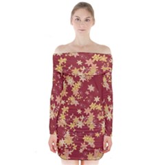 Gold And Tuscan Red Floral Print Long Sleeve Off Shoulder Dress by SpinnyChairDesigns