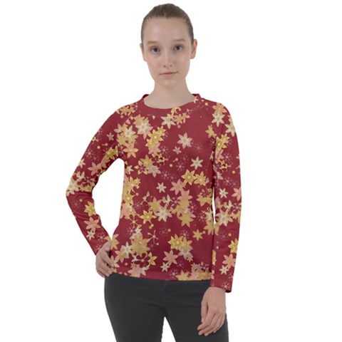 Gold And Tuscan Red Floral Print Women s Long Sleeve Raglan Tee by SpinnyChairDesigns