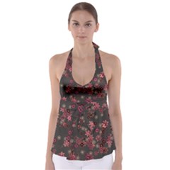 Pink Wine Floral Print Babydoll Tankini Top by SpinnyChairDesigns
