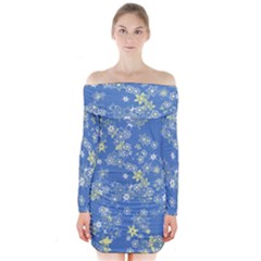 Yellow Flowers On Blue Long Sleeve Off Shoulder Dress by SpinnyChairDesigns
