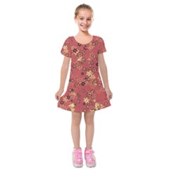 Gold And Rust Floral Print Kids  Short Sleeve Velvet Dress by SpinnyChairDesigns