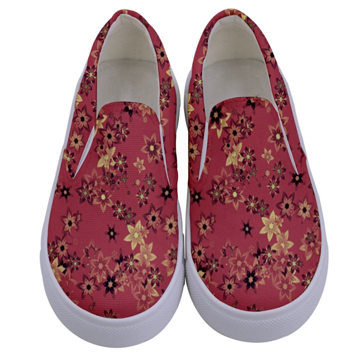 Gold and Rust Floral Print Kids  Canvas Slip Ons