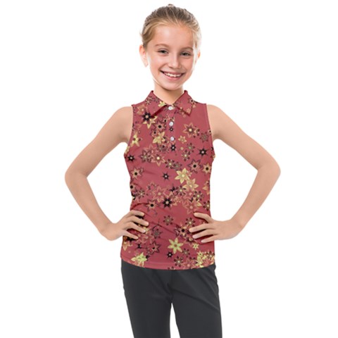 Gold And Rust Floral Print Kids  Sleeveless Polo Tee by SpinnyChairDesigns