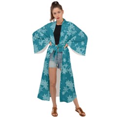 Teal Blue Floral Print Maxi Kimono by SpinnyChairDesigns