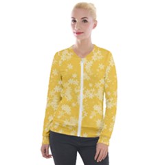 Saffron Yellow Floral Print Velour Zip Up Jacket by SpinnyChairDesigns