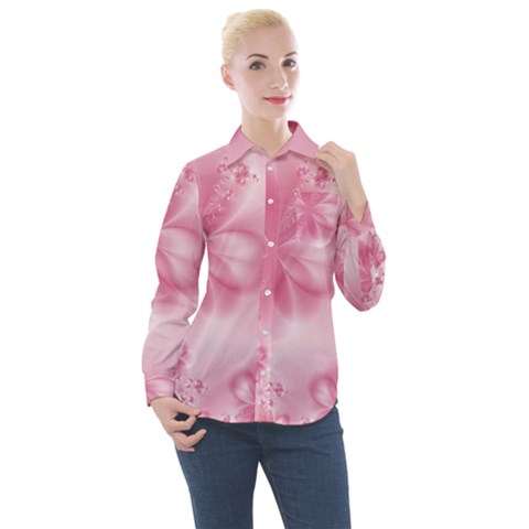 Blush Pink Floral Print Women s Long Sleeve Pocket Shirt by SpinnyChairDesigns