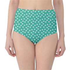 Biscay Green White Floral Print Classic High-waist Bikini Bottoms by SpinnyChairDesigns