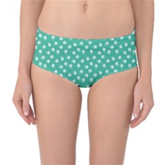 Biscay Green White Floral Print Mid-waist Bikini Bottoms by SpinnyChairDesigns