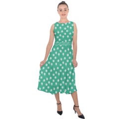 Biscay Green White Floral Print Midi Tie-back Chiffon Dress by SpinnyChairDesigns