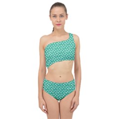 Biscay Green White Floral Print Spliced Up Two Piece Swimsuit by SpinnyChairDesigns