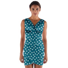 Teal White Floral Print Wrap Front Bodycon Dress by SpinnyChairDesigns
