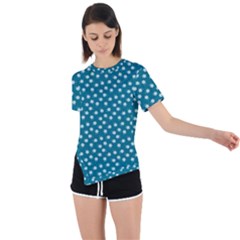 Teal White Floral Print Asymmetrical Short Sleeve Sports Tee by SpinnyChairDesigns